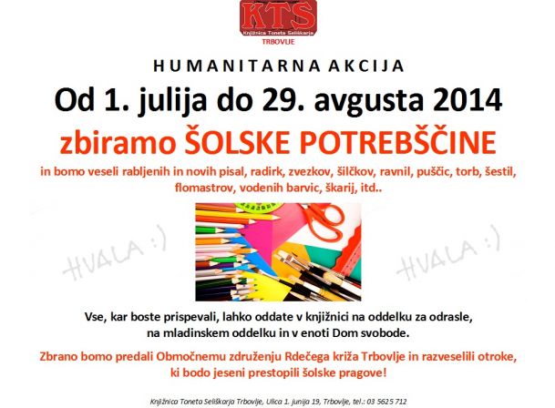 KTS Trbovlje, humanitarna akcija, šolske potebščine, julij in avgust 2014